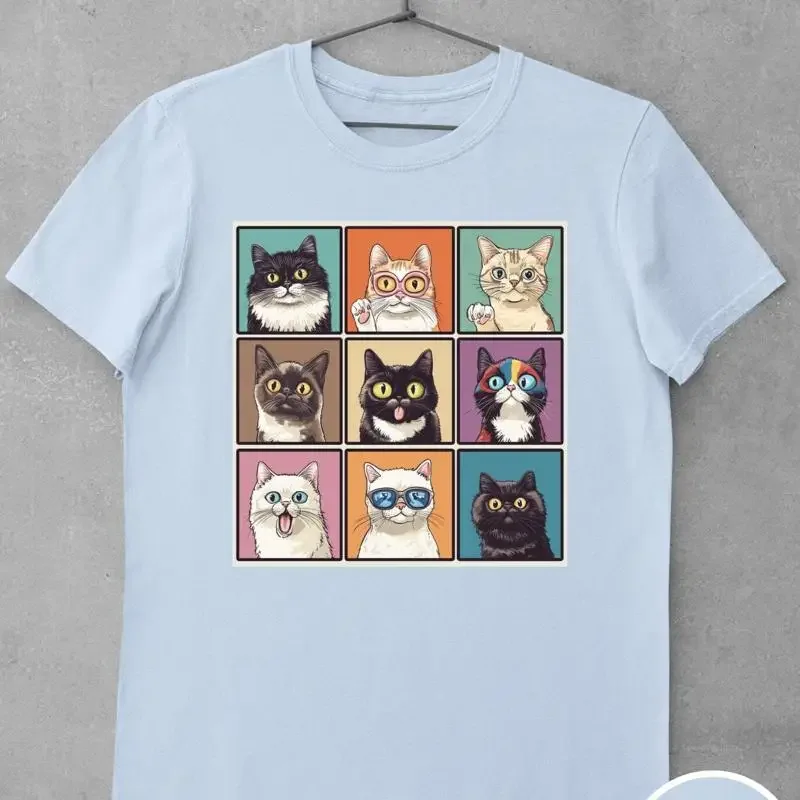 Retro Cat Collage T Shirt Fun Pop Art Design Colorful Lover Vintage Style Apparel for Her Cute Feline