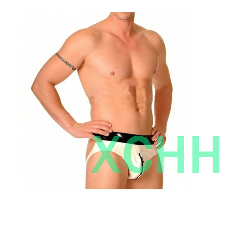 

Men's Latex Briefs Thong Style Rubber Underwear Front Zip White with Blck Trim Handmade