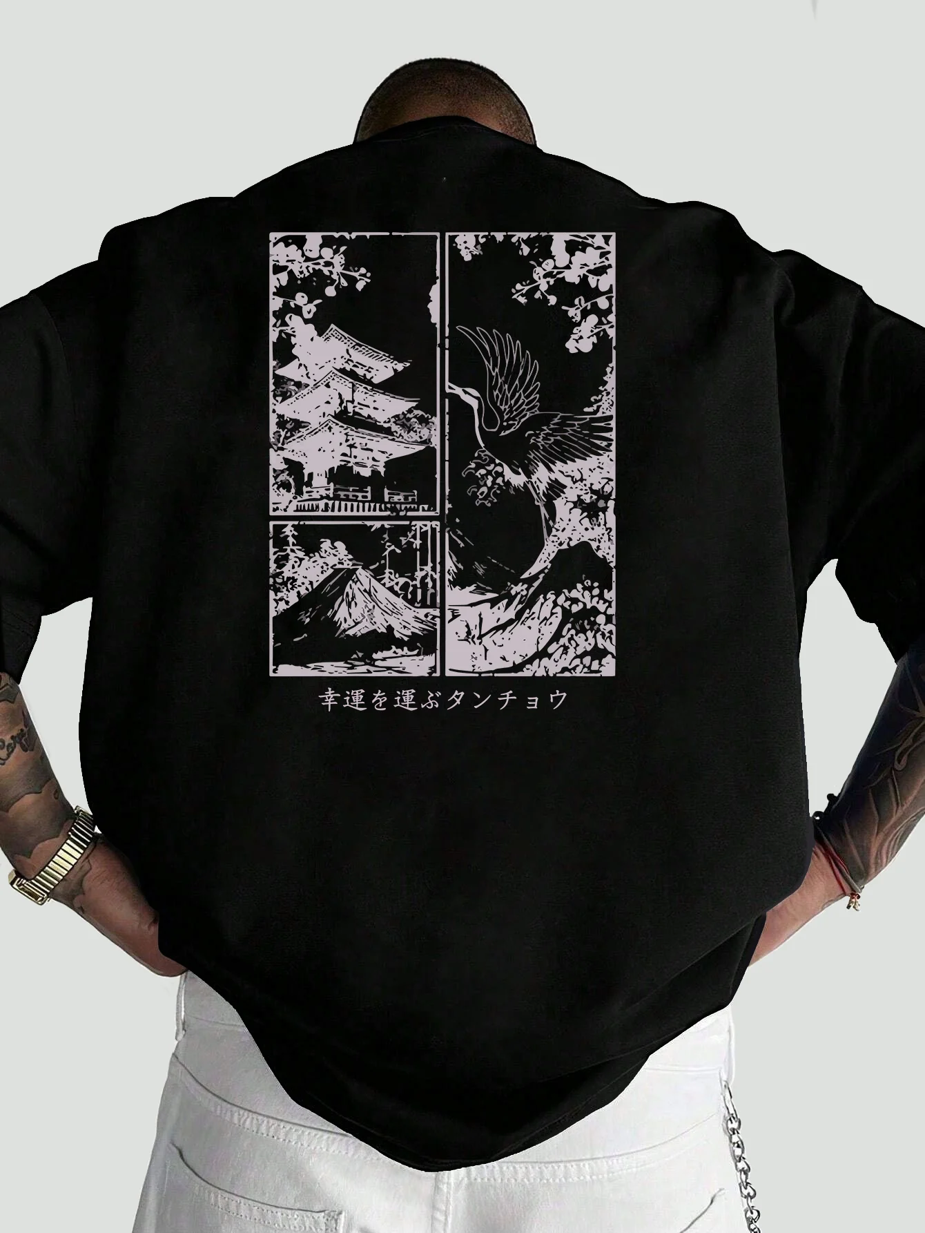 Men Oversized T Shirt Japanese Pagoda Crane Mount Fuji Panel Art Back Print Crew Neck Short Sleeve Asian Street Casual Tee