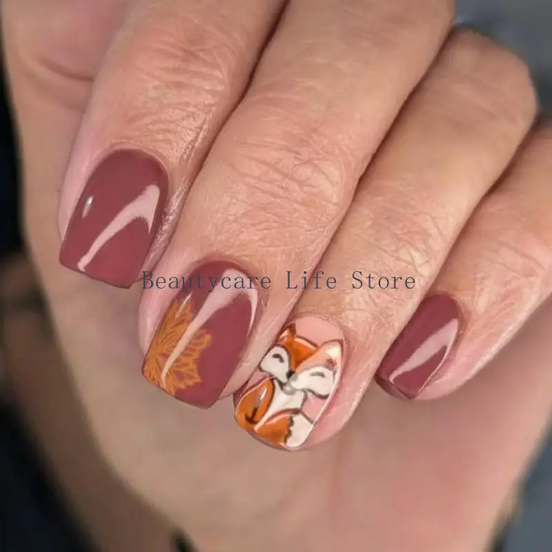 652C Versatilitys Red Brown Press On Nail Maple Tips Designs Durability Plastic False Nail For Weddings Parties Everyday Wear