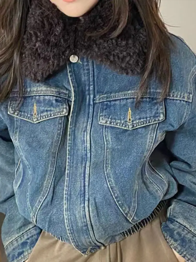 

Denim Coat With Fur And Hood Plush Womens Winter Two-Sided Outcoats Wide Double-Breasted Gothic Punk Clubwear Velvet Standneck