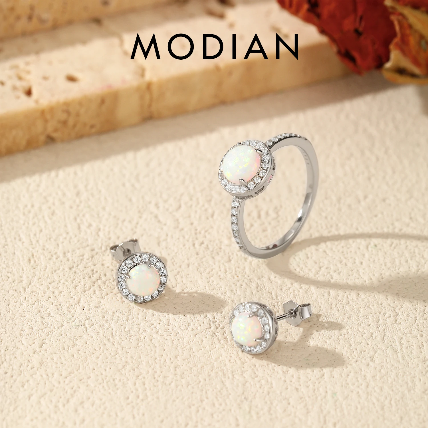 

MODIAN Hepburn Style Jewelry Sets 925 Sterling Silver Elegant Round Opal Stud Earrings Thin Finger Rings For Women