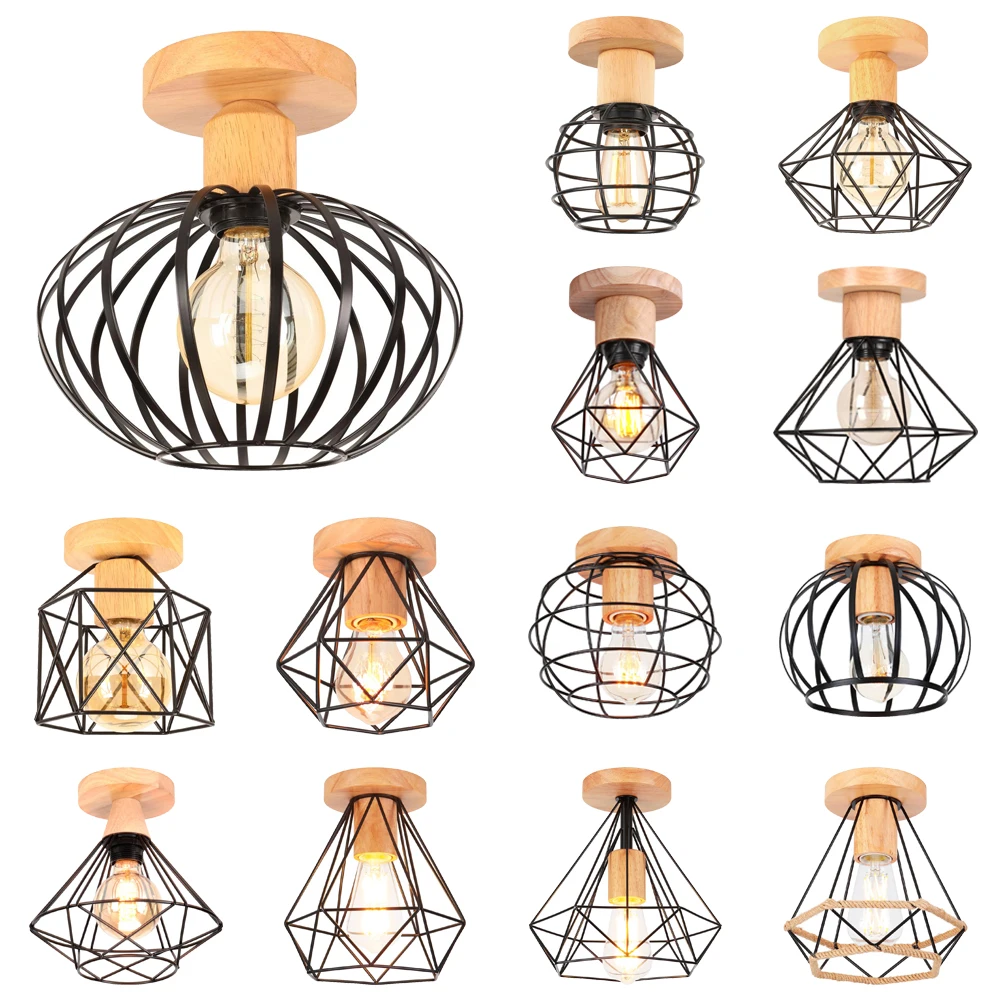 

Wood LED E27 Ceiling Lights Industrial Ceiling Lamp Shade for Kitchen Living Room Bar Restaurant Wire Cage Lampshade Lighting