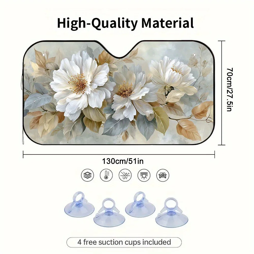1pc 2D Flat Golden Leaf And White Flower Painting Scroll Design Car Sunshade – Keeps Your Vehicle Cool, Includes 4 Suction Cups,
