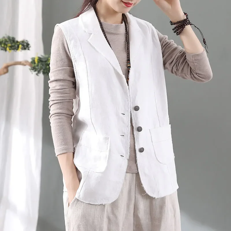 

Retro Linen Suit Women's Raw Edge Suit Collar Waistcoat Spring and Autumn Sleeveless Vest Cotton Linen Cardigan Jacket