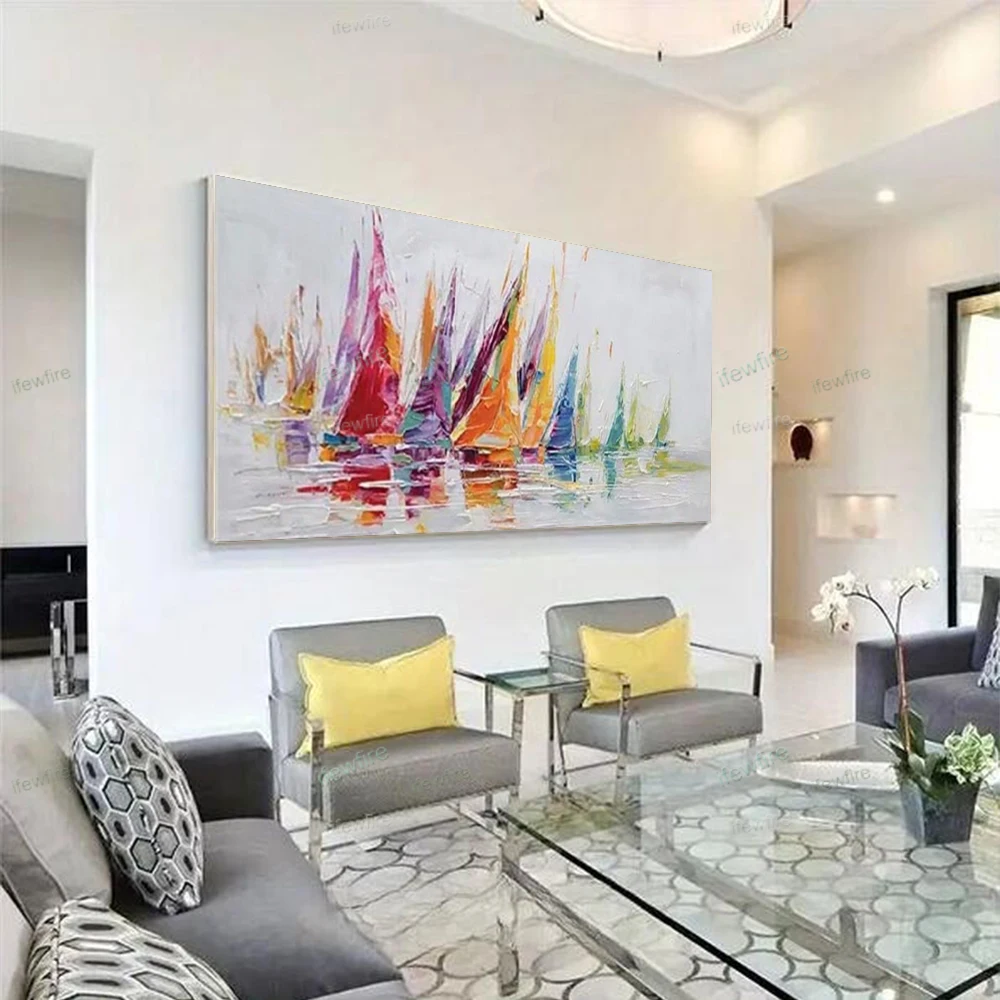 Sailboats Abstract Painting on Canvas Modern Art Oil Painting Living Room Colorful Wall Art Large Abstract Wall Art Ocean Art