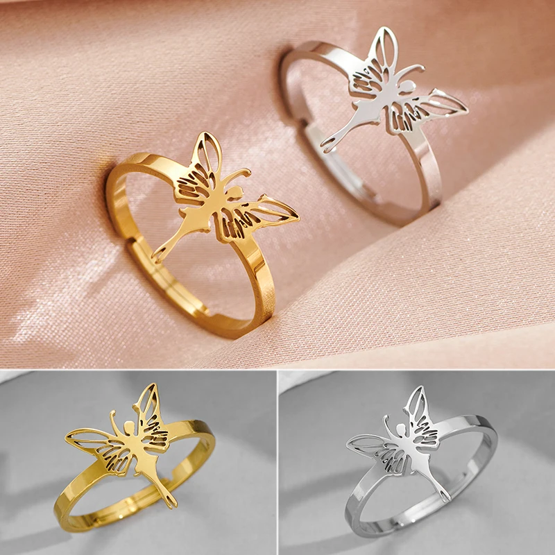 Shuangshuo Stainless Steel Fairy Rings for Women Girl Jewelry Bohemian Buttterfly Angel Finger Rings 2024 Party Birthday Gift