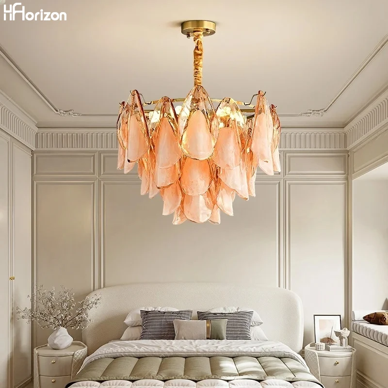 

American Amber Glass LED Chandelier Dimmable Luxury Light Fixture Home Decor Home-appliance Chandeliers above Living Room Hall
