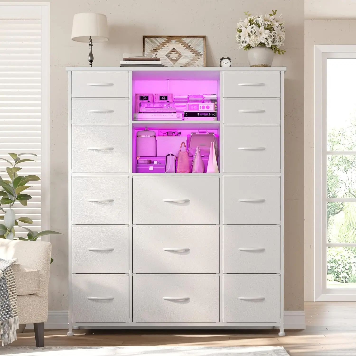 White Tall Dresser with 15 Drawers Dresser for Bedroom with Charging Station LED Lights Hutch Sturdy Bedroom Dresser Steel Frame