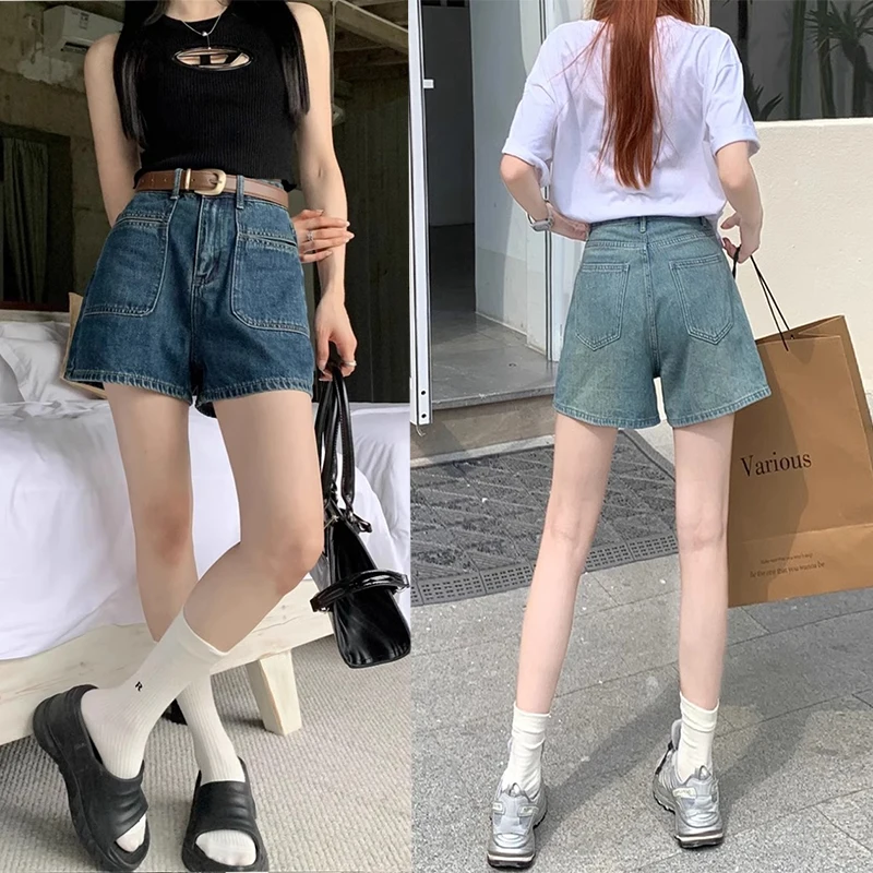 

Woman Summer High Waist Casual Loose Jeans Female Elegant Streetwear Pants Lady Fashion 2000s Light Blue Retro Blue Denim Shorts