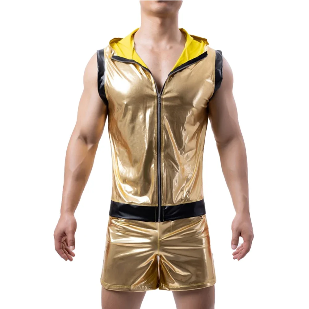 Mens Gold Shiny Tight Leather Tank Tops Boxer Briefs Shorts Clubwear Set Suit Nightclub Stage Party Jackets Costume Streetwear