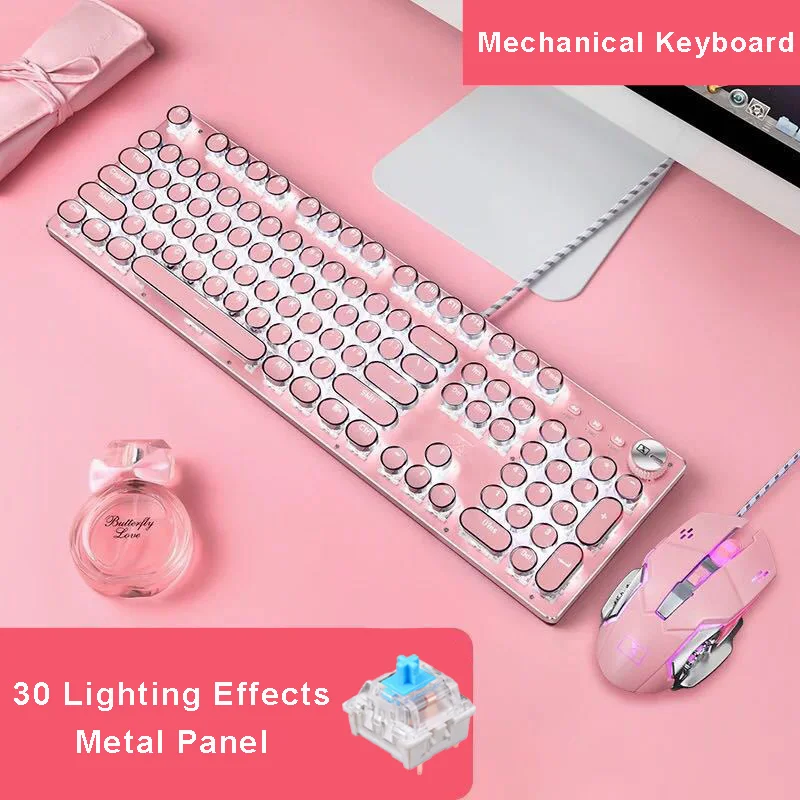 

Mechanical Keyboard Wired Full Size Pink Light LED Backlit Gaming Wired Keyboard Gamer 104 Keys Blue switch for Desktop Laptop