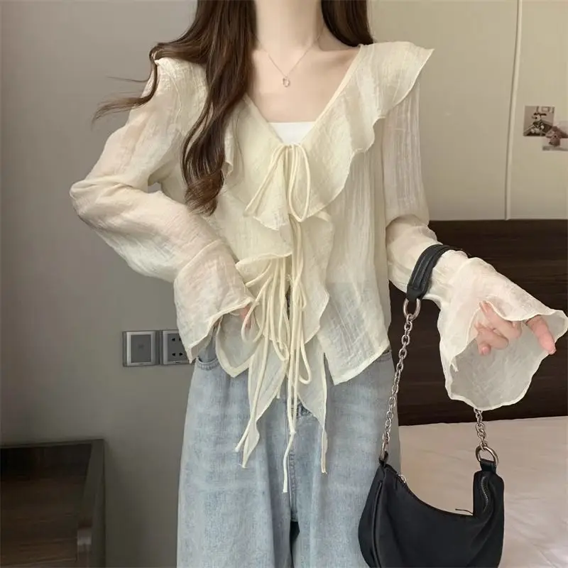 

Elegant Fashion V-neck Chiffon Shirts & Blouses Thin Long Sleeve Sun Protection Coat 2025 New All-match Black Tops Mujer