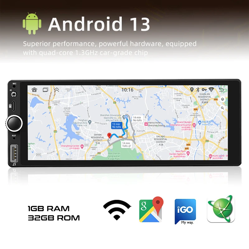 1 Din Android GPS Car Radio Wireless CarPlay Android-Auto Wifi Bluetooth Handsfree FM RDS USB 6.86\