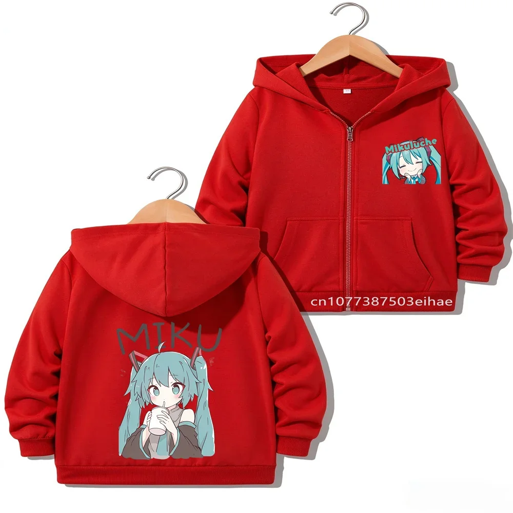 Children Girls Hatsune Miku Anime Zipper Overcoat Spring Autumn Outerwear Cute Cartoon Figure Printed Casual Daily Tops