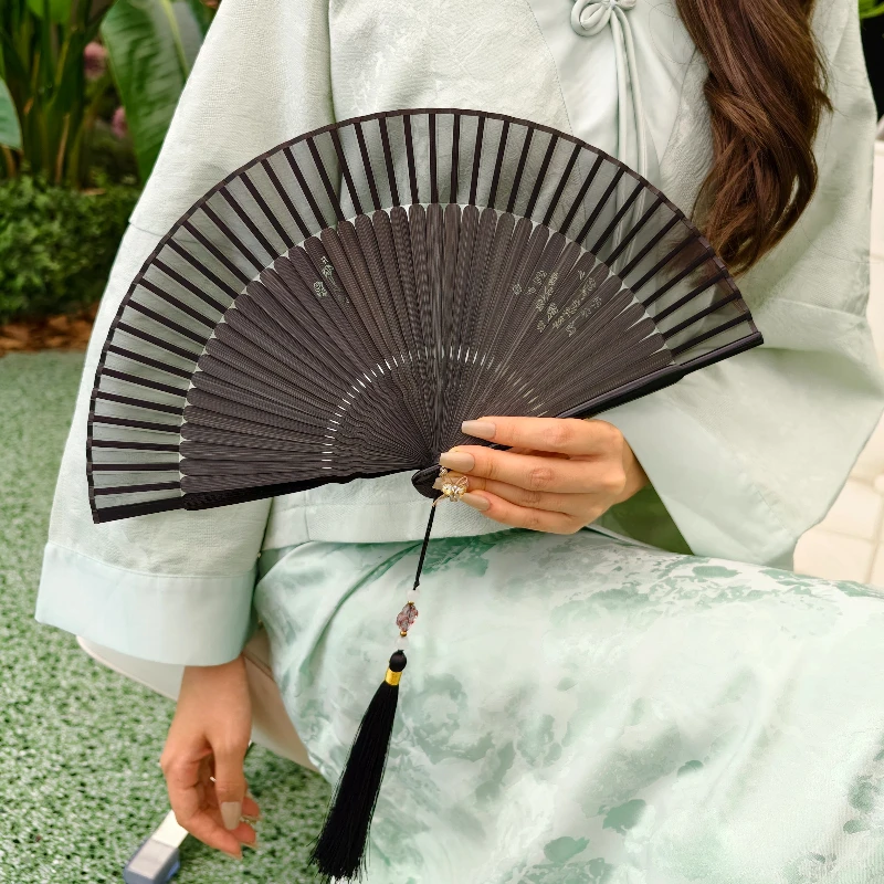 Carved Pattern Chiffon Folding Fan Pure Color Semi Transparent Small Summer Cooling Daily Fan for Women Cheongsam Dance Gift