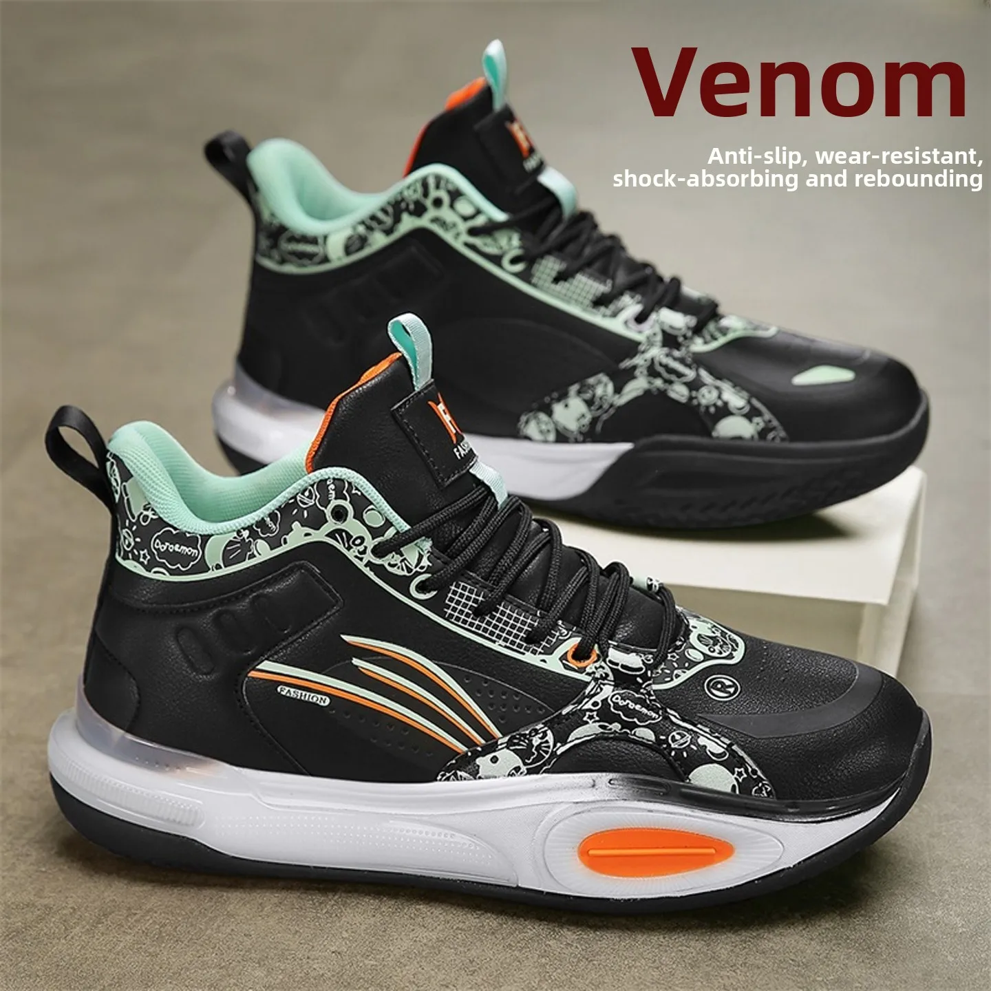 

High Top Baskeall oes Men's Autumn Winter Leather Surface Anti-Slip Wear-Resistant Air Cuion o Absorption No-Tie ...
