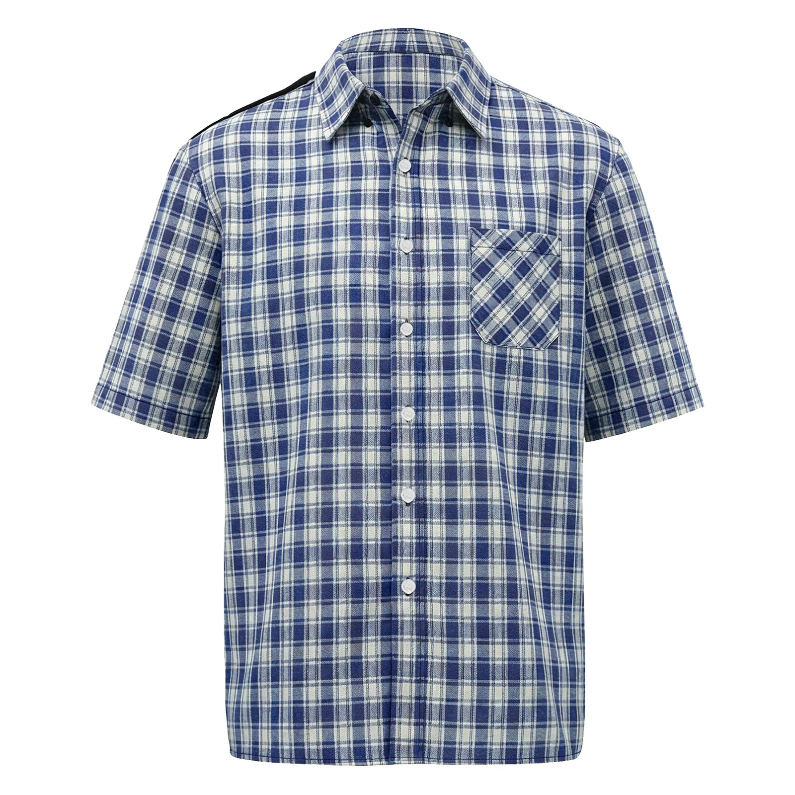 

Mens Elderly Short Sleeve Adaptive T-shirt Open Back with Full Back Overlap Lapel Front Button-down Timeless Plaid Casual Shirt