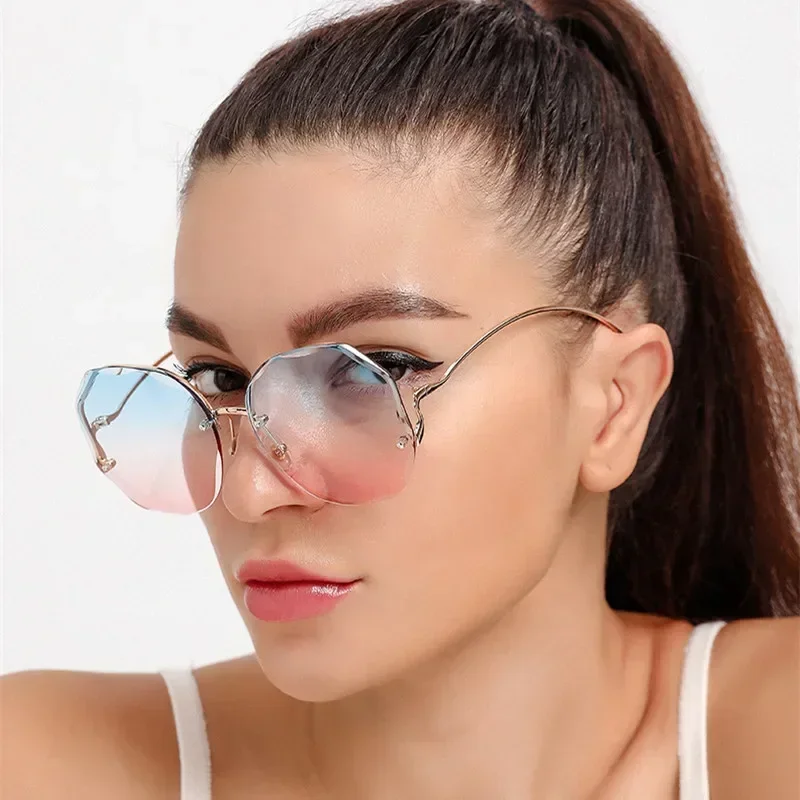 Ins Irregular Round Sunglasses Women Gradient Fashion Sun Glasses Female Rimless Metal Curved Temples Oculos De Sol UV400