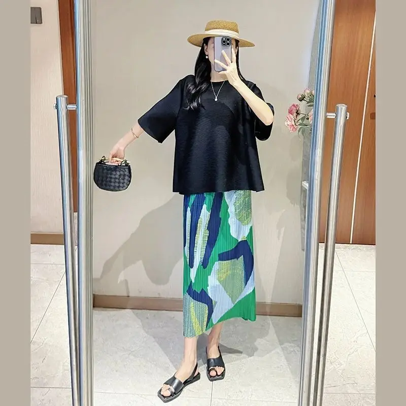 Women's Skirts Women's Skirts Miyake Skirt Design Loose Green Printed Pleated Skirt Female Summer High Waist Retro Pleated Skirt