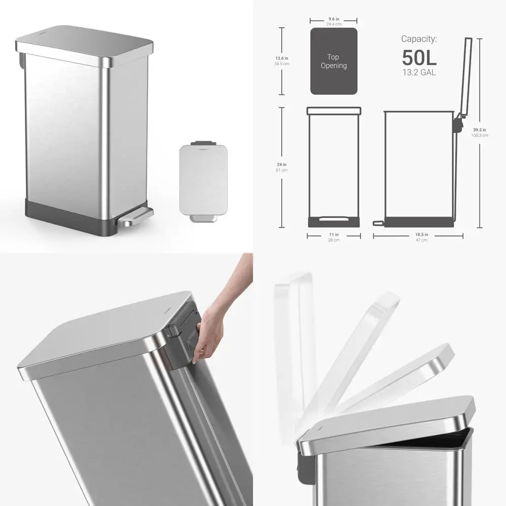 

Stainless Steel 50L Kitchen Trash Can with Soft-Close Lid, Fingerprint-Resistant, Removable Liner, Sleek Design for Easy Use