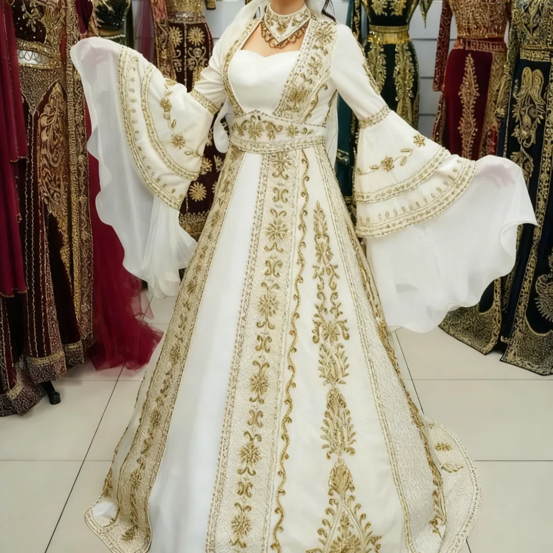 Роскошные аппликации из бисера Мусульманские этнические свадебные платья Белые изысканные ближневосточные вечерние платья по индивидуальному заказу