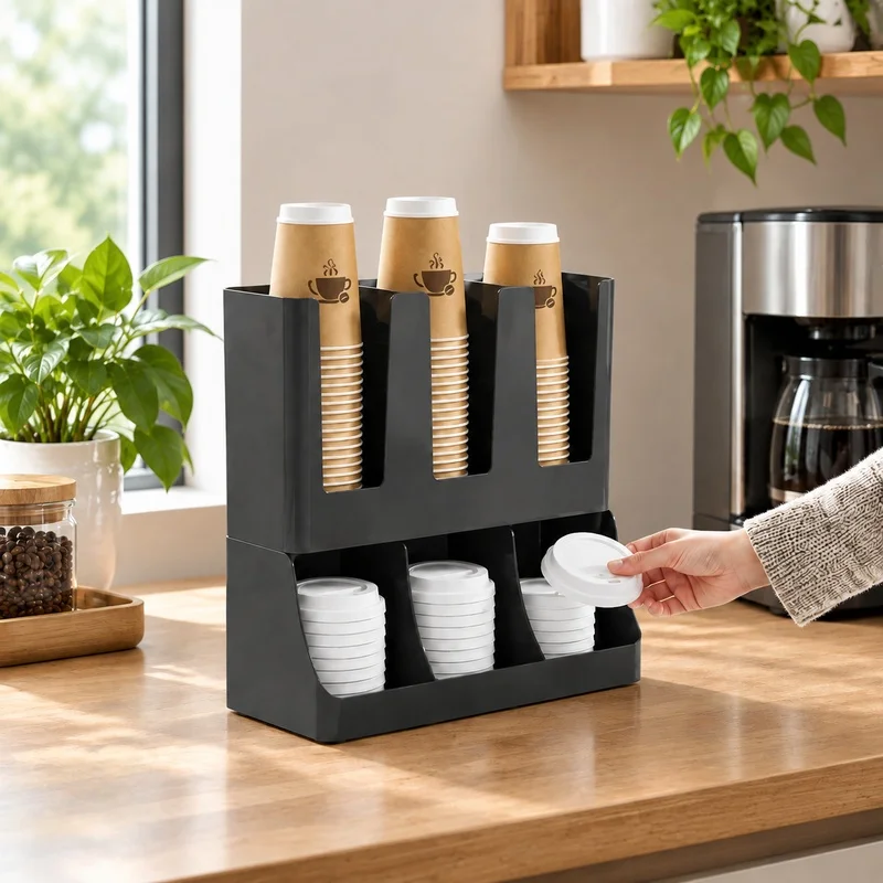 Multi-Compartment Organizer Rack for Coffee Cup Lids and Condiments, Ideal for Kitchen, Office, or Break Room Storage