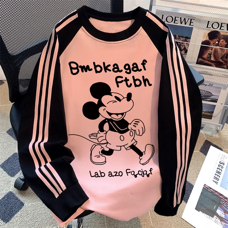 Disney Mickey Mouse Long T-shirt Cartoon Woman Cotton Print Round Neck Pullover Tops Autumn Winter Fashion Loose Sweatshirt Gift