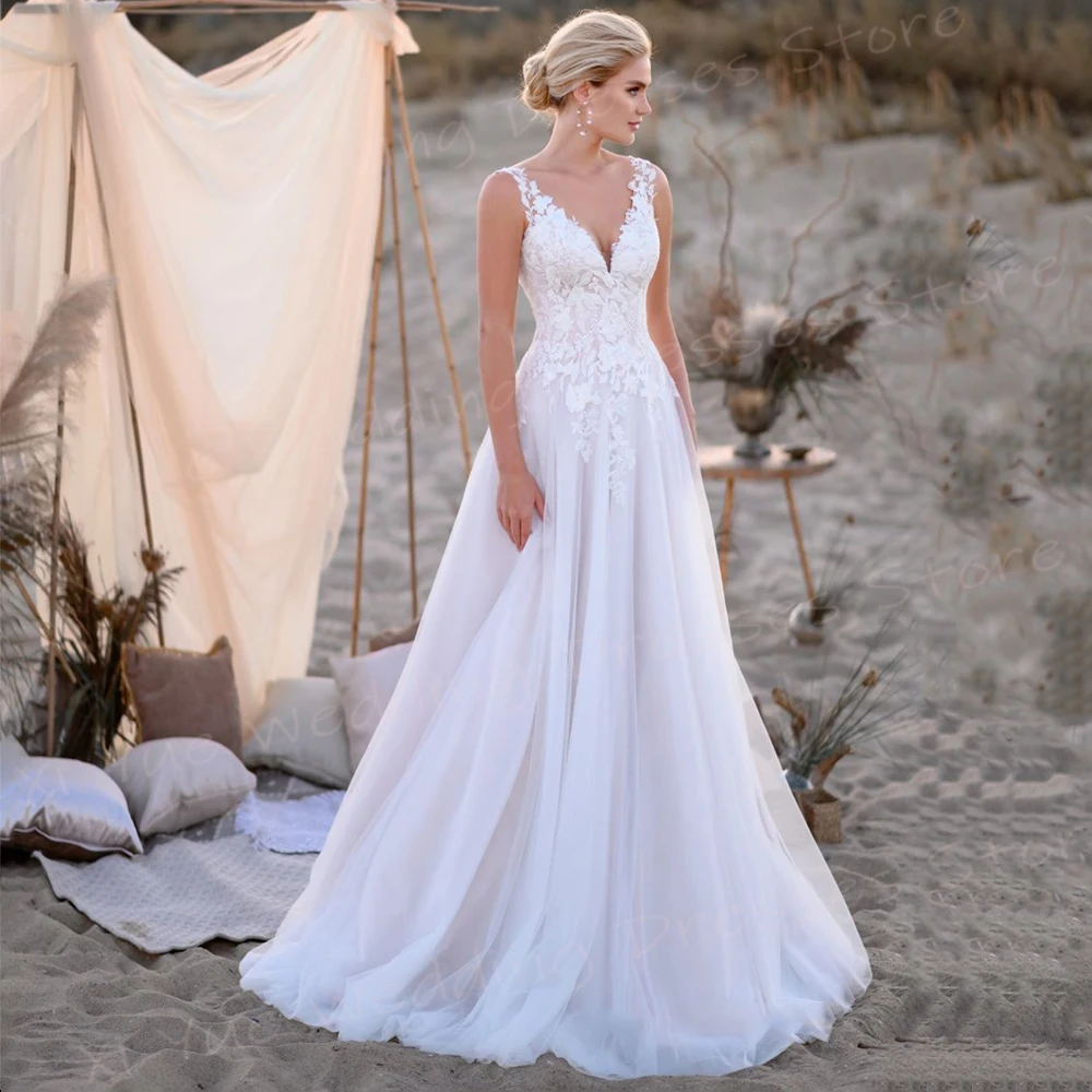 Exquisito Vestido De novia elegante con cuello en V para mujer, línea A, bonito Vestido De novia con apliques De encaje, sin mangas, Vestido De playa