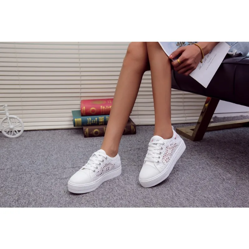 Women Shoes Spring Autumn Summer Fashion Casual White Cutouts Lace Canvas Hollow Breathable Platform Flat Sneakers Tennis Walk