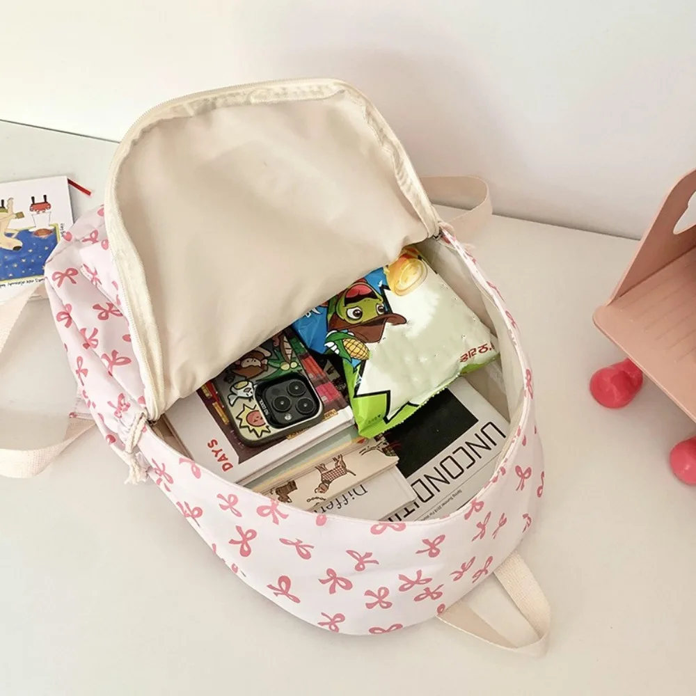 Cute Bow Printed Students Backpack Large Capacity Nylon Book Bag Adjustable Strap Travel Rucksack Travel