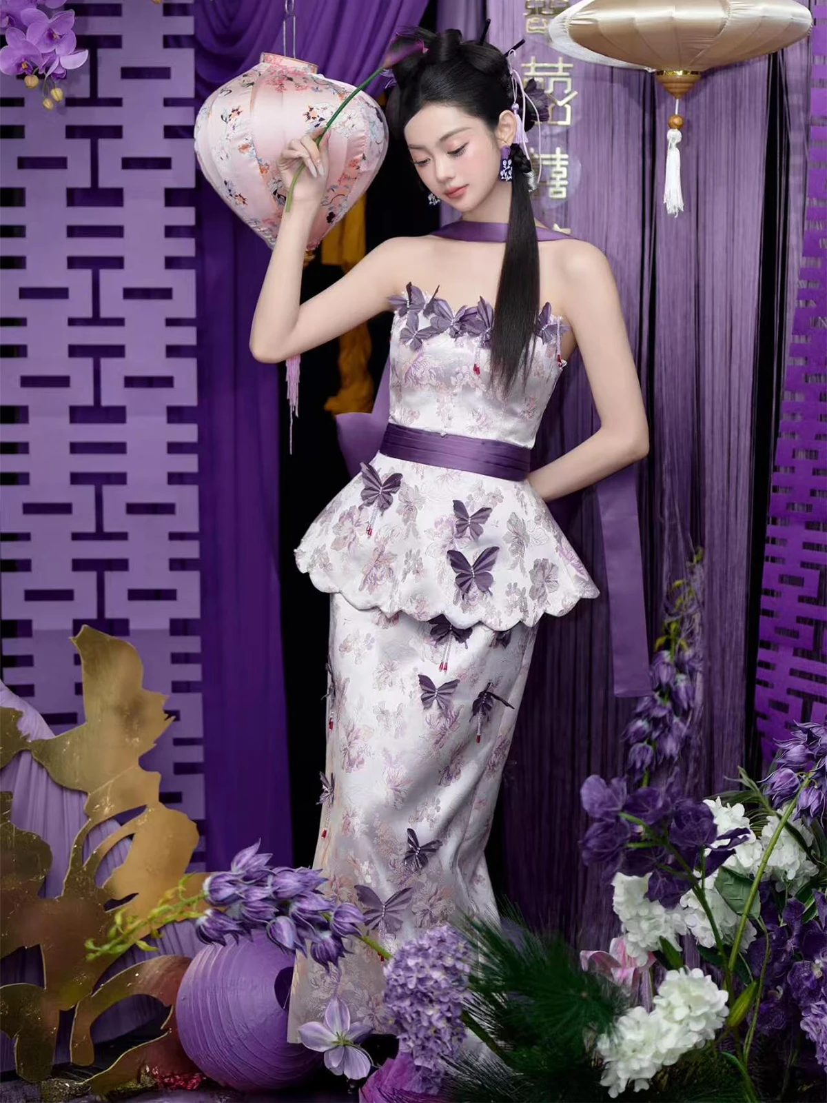 

Новое китайское утреннее платье-халат для женщин, фиолетовое, без бретелек, для свадьбы, вечернего выхода, помолвки, торжественных мероприятий