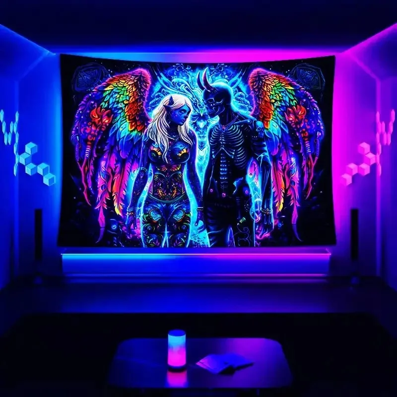 VIKAMA Gothic Trippy Wall Tapestry Colorful Wing Demon Girl & Skeleton Man Psychedelic Art Room Background Hanging Decor