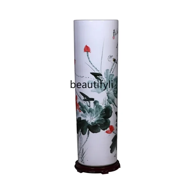 Hand-Painted Ceramic Floor Quiver Large Vase Home Living Room Painting and Calligraphy Cylinder Flower Arrangement Ornaments