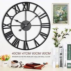 40/47/60/80cm Wall Clock Modern 3D Large Retro Black Iron Round Hollow Metal Wall Clock Nordic Roman Numerals Clock Home Decor