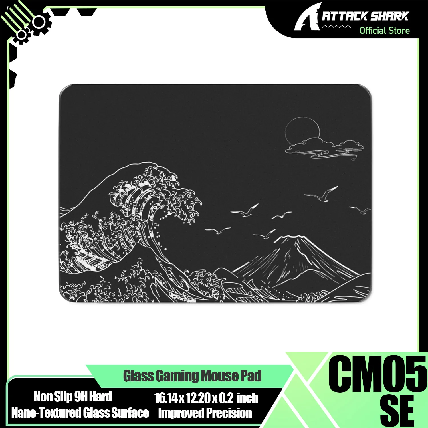 ATTACK SHARK CM05SE Glass Gaming Mouse Pad, 16.14x12.20x0.2in Mouse Mat, Non Slip 9H Hard Mousepads, Nano-Textured Glass Surface