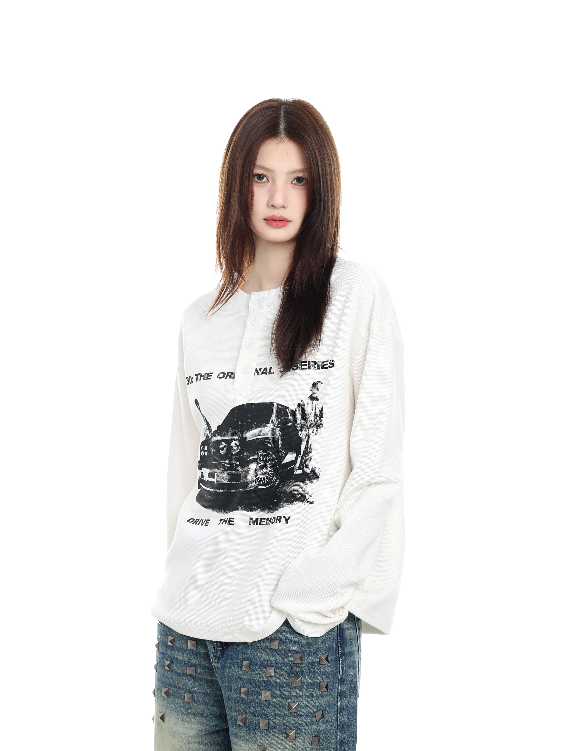 Camiseta de Manga Longa Sem Capuz Estilo Americano Streetwear com Estampa de Carro Unissex com Gola Henry Casual para Homens
