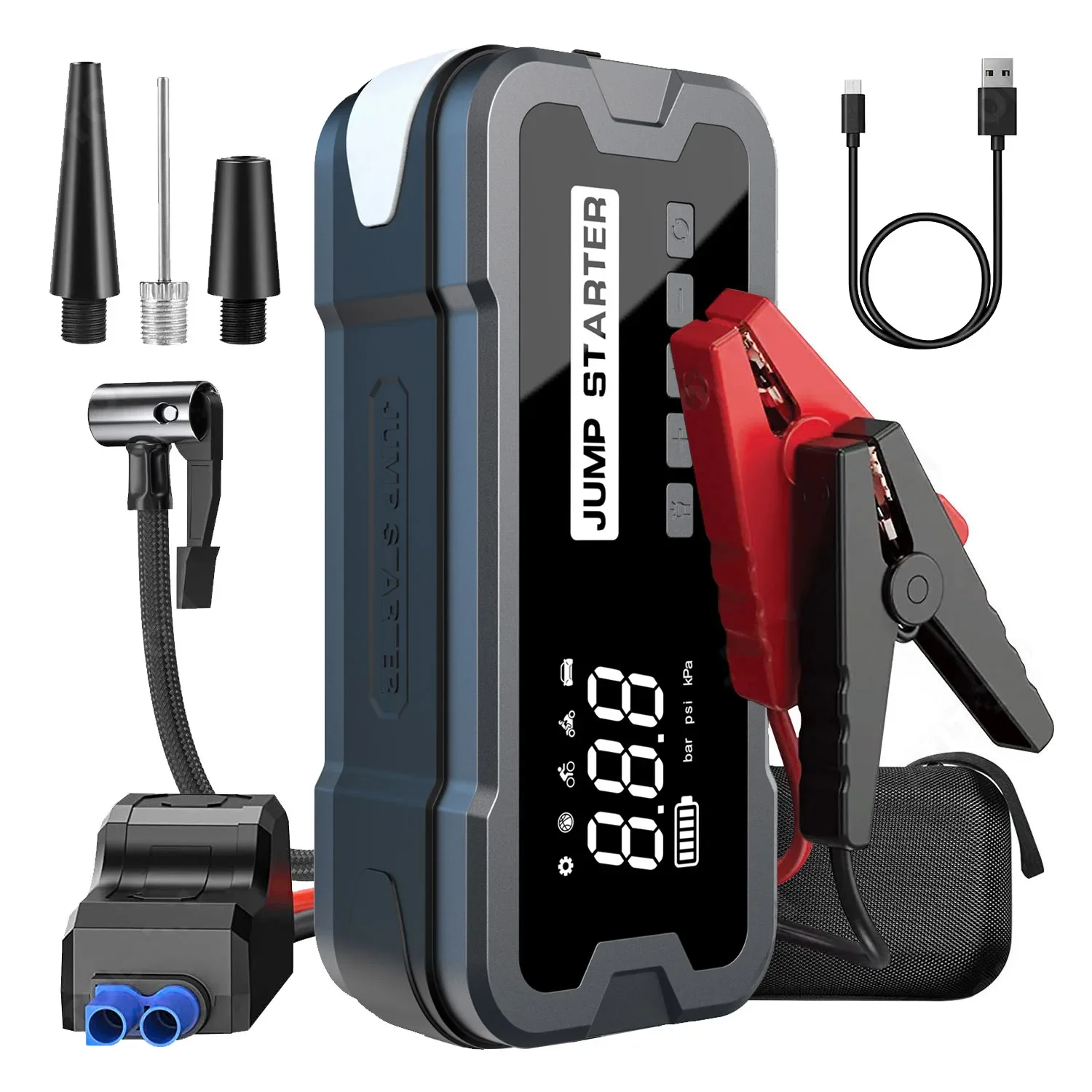 Popular 4 In 1 Functions Portable Car High Power Jump Starter Battery Pack With Air Compressor