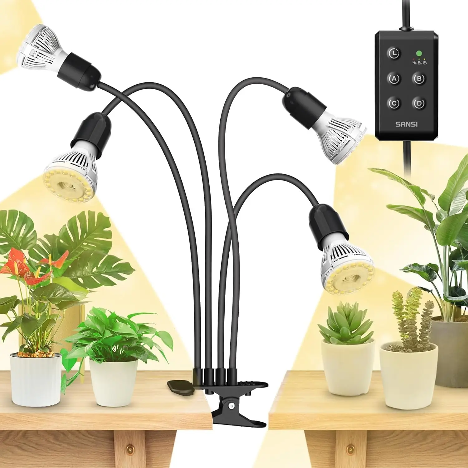 

600W Full Spectrum LED Grow Light with Timer, 4-Gooseneck Clip for Indoor Plants, High PPFD, Energy Saving