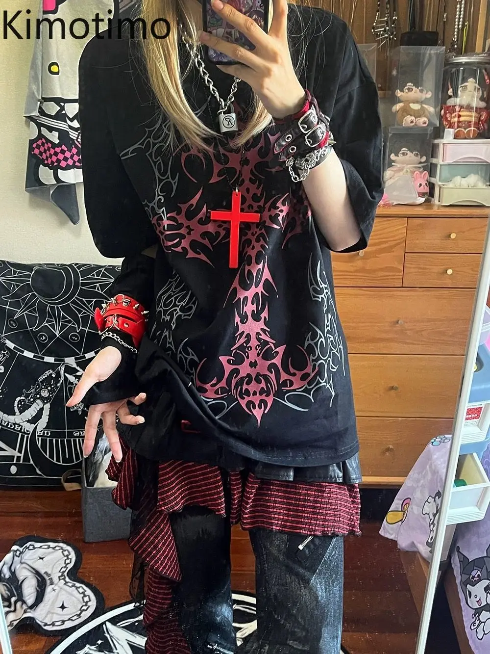 

Kimotimo Retro Trendy Grunge Printed T-shirt 2025 Summer Punk Casual Loose Graphic Tops Y2k Aesthetic Short Sleeve Tees Harajuku
