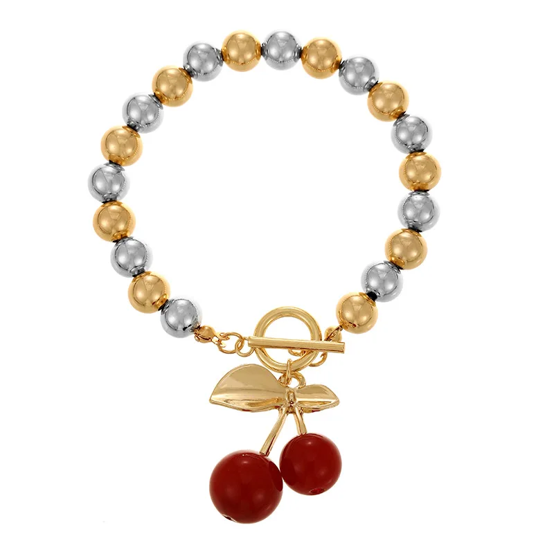 1pc Resin cherry OT buckle copper beaded bracelet, suitable for women\'s daily wear