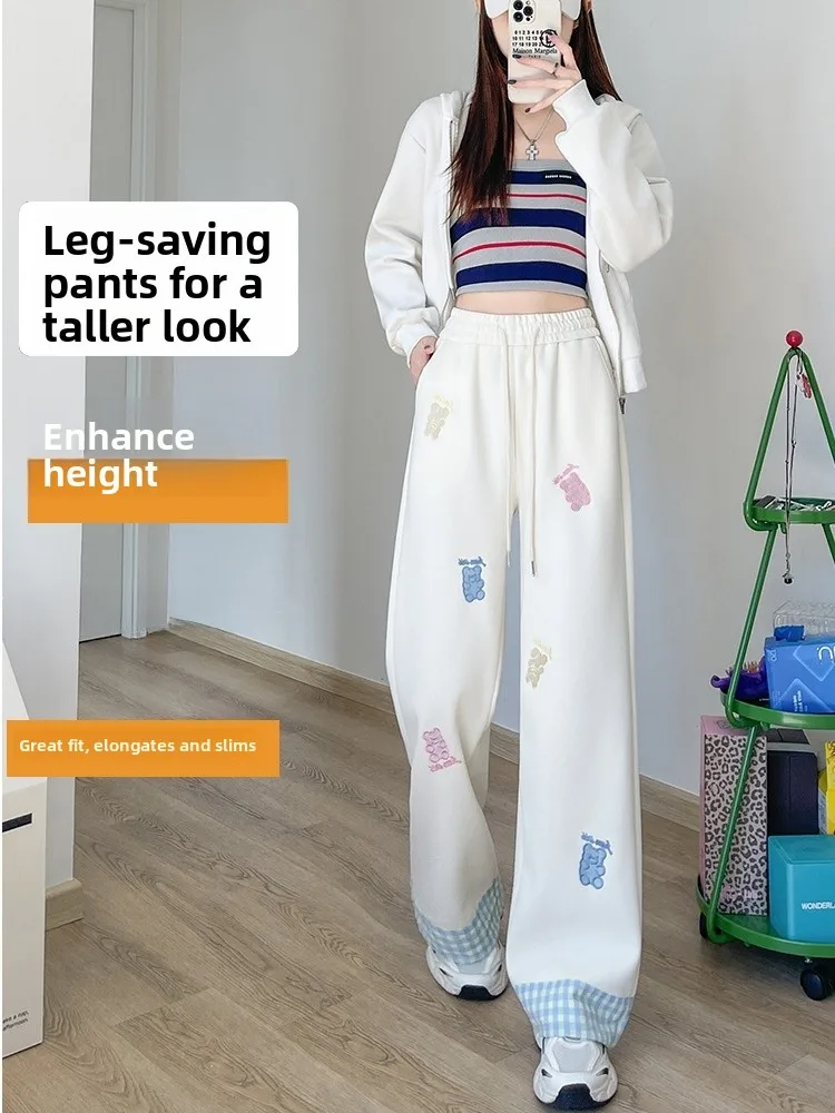 Cartoon Embroidered Wide Leg Pants Women's High Waist Dstring Straight Leg Casual Sports Sweatpants Asymmetrical Design Co...