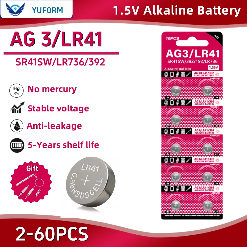 

2-60Pcs LR41 Alkaline Batteries AG3 L736 392 384 192 Premium High Capacity 1.5V Button Coin Cell Batteries for Medical devices