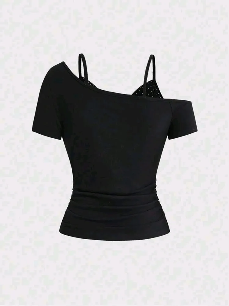Y2K Letter Splash Print Cold Shoulder T Shirt Faux Two Piece Studded Cami Slim Street Top