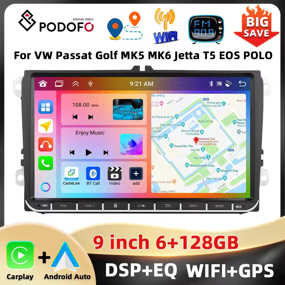 Podofo 9 ''2Din autoradio pour VW/MAGOTAN/GOLF/CADDY lecteur multimédia 6 + 128G Carplay Android Auto WIFI GPS FM/RDS BT Audio de voiture