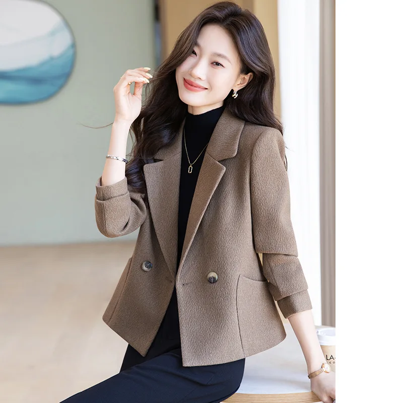 High quality woolen blazer for women long sleeve jacket with pocket autumn winter 2025 elegant office clothes brown blue beige
