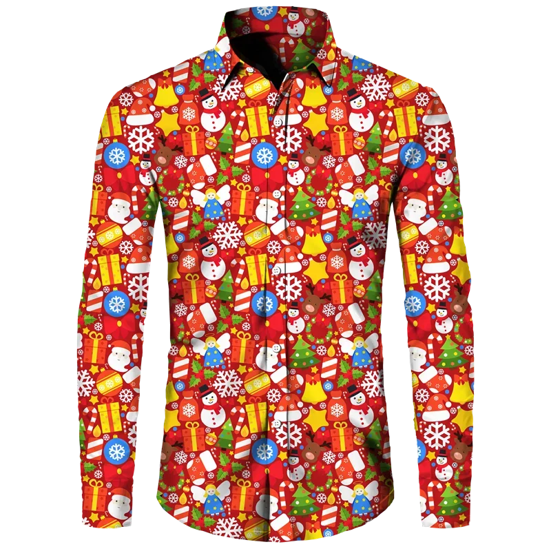 

New Fashion Christmas Shirts Funny Santa Claus 3D Print Long Sleeve Buttoned Tops Banquet Holiday Couple Hawaiian Clothing Male