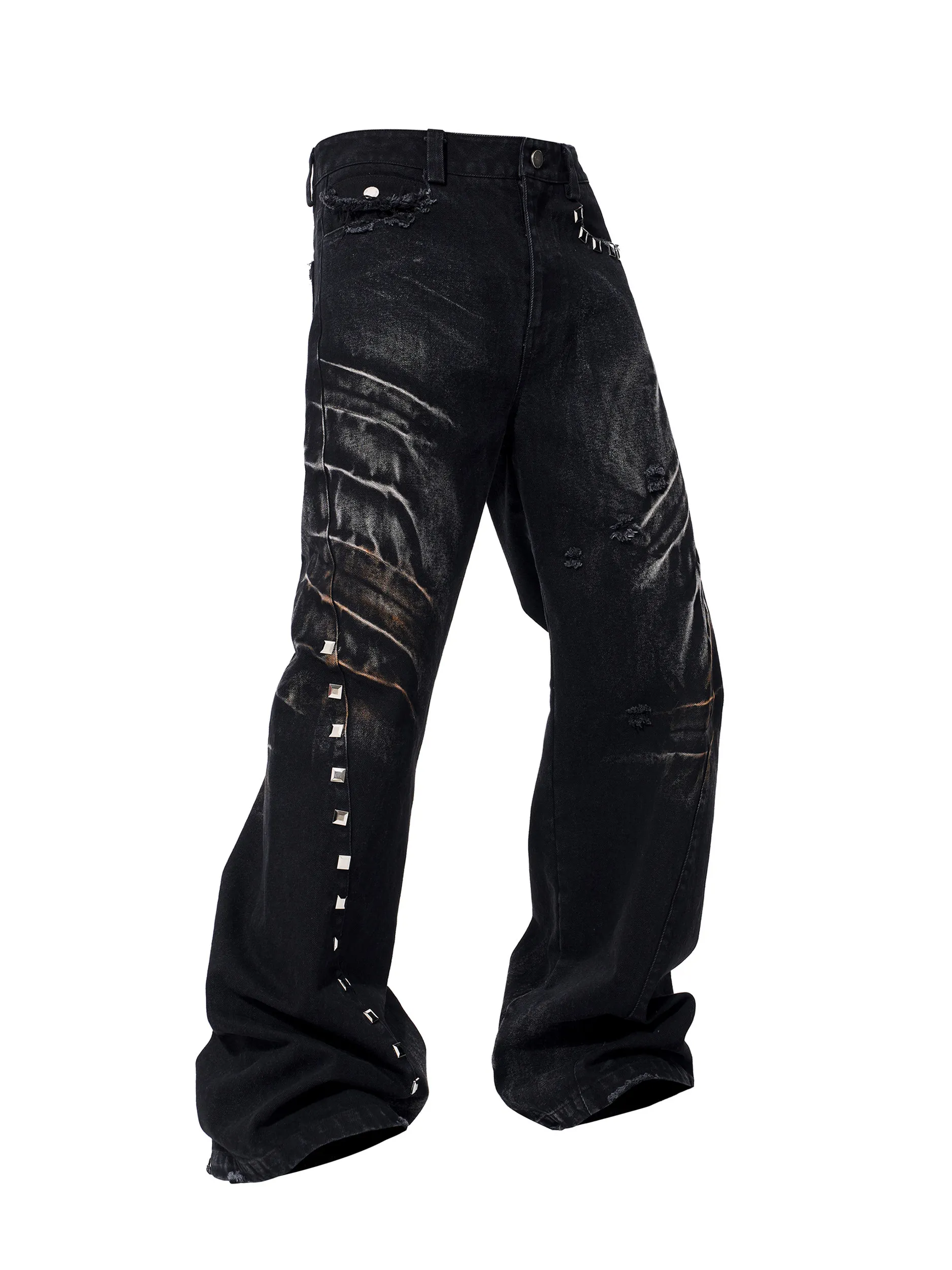 Women Vintage Washed Whisker Wide Leg Jeans Rivet Decor Distressed Denim Pants High Waist Loose Floor Length Streetwear Trousers
