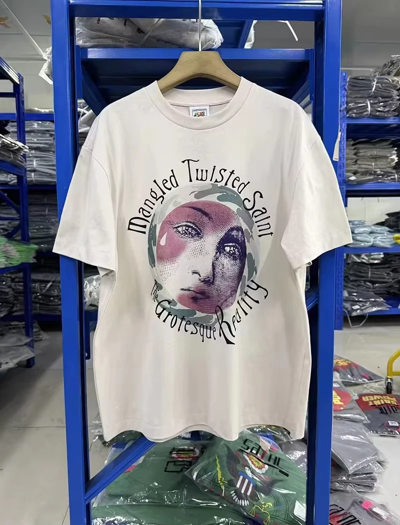 2026 Oversized Cotton T‑Shirt For Adults Kids Retro Melancholy Lady Portrait Circular Print Rock Band Style Short Sleeve Tee