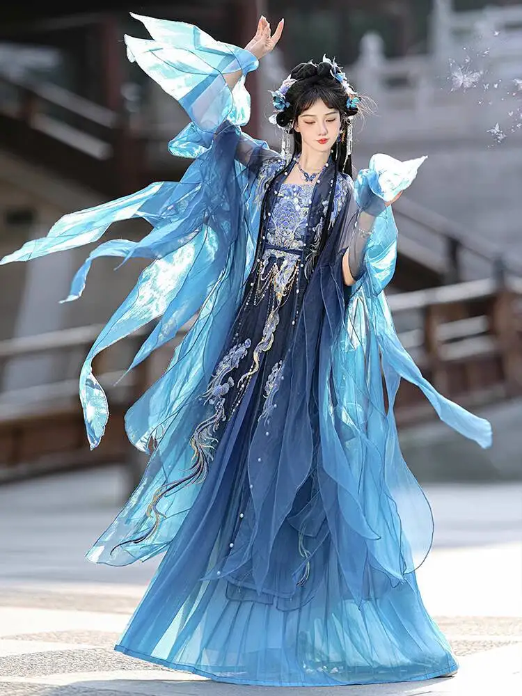 

Original genuine Chinese ancient female Hanfu dress blue heavy embroidery elegant and graceful cosplay fairy dance costume